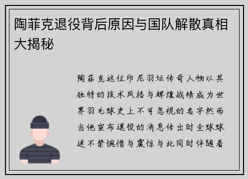 陶菲克退役背后原因与国队解散真相大揭秘
