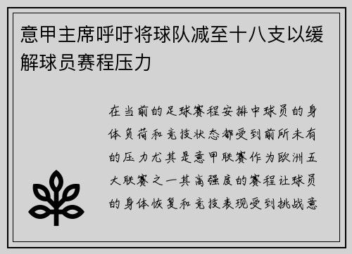 意甲主席呼吁将球队减至十八支以缓解球员赛程压力