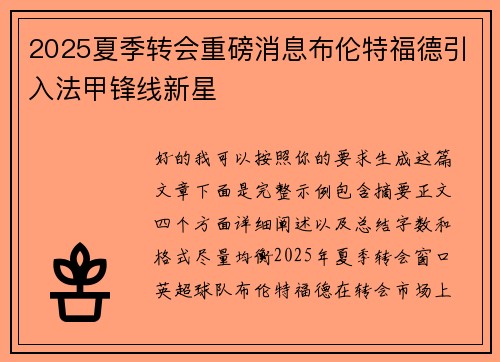 2025夏季转会重磅消息布伦特福德引入法甲锋线新星